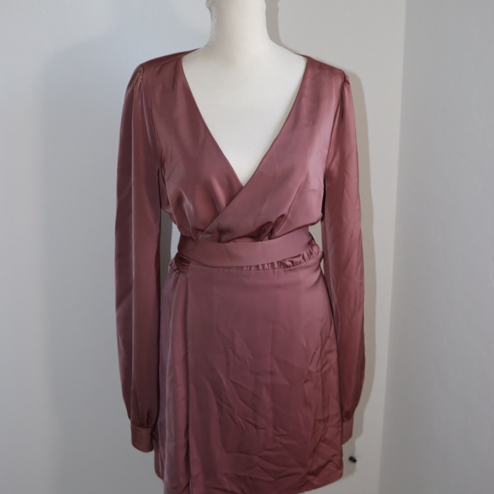 NBD Pink Wrap Dress with Bishop Sleeves and V-Neck